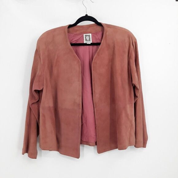 Vtg 80's Leather Suede Open Front Cardigan Boxy Jacket Dusty Mauve Pink Sz L - Picture 1 of 11